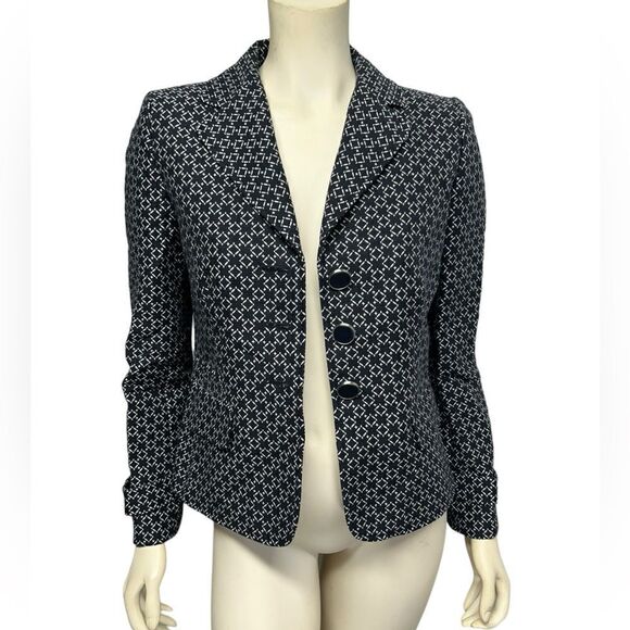 Ann Taylor Silk Cotton Black and white blazer button coat jacket design print - Picture 2 of 7